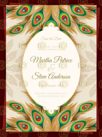 A Sophisticated Wedding Invitation Adorned With Beautiful Peacock Feathers, Showcasing A Blend Of Elegance And Artistry